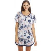 Camille Women's Floral Leaf Print Jersey Short Pyjama Set in Navy | Size: 10-12