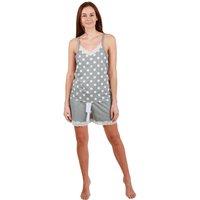Camille Women's Lightweight 100% Cotton Spot Printed Sleeveless Top Pyjama Set With Lace Detailing in Grey | Size: 16-18