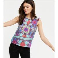 Cutie London Women's Blue Floral Frill Sleeve Sleeveless Top | Size: 8