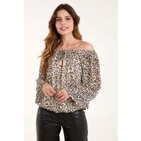 Blue Vanilla Women's Bardot Elastic Neckline Leopard Tassel Top in Cream | Size: S/M