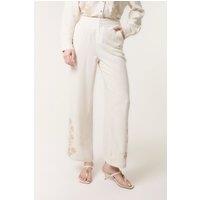Blue Vanilla Women's Off White Linen Flower Embroidery Trousers in Cream | Size: XL