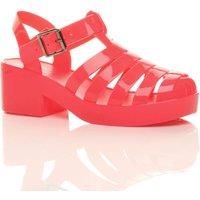 AJVANI Women's Mid Block Heel Fisherman Gladiator Jelly Sandals in Coral | Size: 4