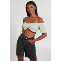 Pink Vanilla Women's Pale Green Waffle Rib Ruched Crop Top | Size: Large