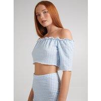 Pink Vanilla Women's Frill Detail Gingham Bardot Top in Blue | Size: Medium