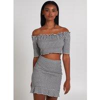 Pink Vanilla Women's Frill Detail Gingham Bardot Top in Black | Size: Large