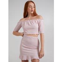 Pink Vanilla Women's Frill Detail Gingham Bardot Top in Pink | Size: Medium