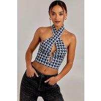 Pink Vanilla Women's Geometric Print Cut Out Halterneck Top in Black | Size: 6