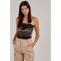 Pink Vanilla Women's Mesh Marble Ruched Cami Strap Bodysuit in Chocolate | Size: 6