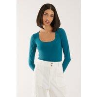 Pink Vanilla Women's Long Sleeve Square Neck Bodysuit in Teal | Size: 8