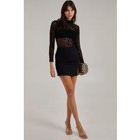 Pink Vanilla Women's Animal Print Flocked Long Sleeve Bodysuit in Black | Size: 6