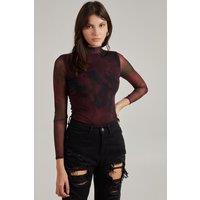 Pink Vanilla Women's Smudge Print Long Sleeve Mesh Bodysuit in Wine | Size: 6