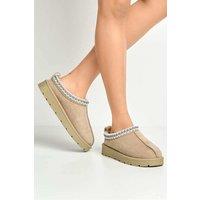 Miss Diva Women's Koona Faux Fur Lining Knit Pattern Detail Flatform Slippers Flats in Medium Beige | Size: 8