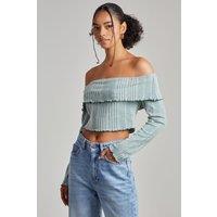 Pink Vanilla Women's Wide Brushed Ribbed Bardot Top in Green | Size: Small