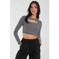 Pink Vanilla Women's Striped Rib Letterbox Long Sleeve Top in Black | Size: Medium