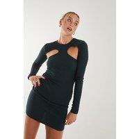 Pink Vanilla Women's Popcorn Scoop Racer Long Sleeve Mini Dress in Bottle Green | Size: Medium