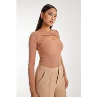Pink Vanilla Women's Twist Letterbox Long Sleeve Body in Camel | Size: 6