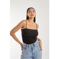 Pink Vanilla Women's Strappy Sparkle Mesh Bodysuit in Black | Size: 6