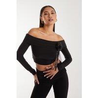 Pink Vanilla Women's Corsage Detail Bardot Long Sleeve Top in Black | Size: Large