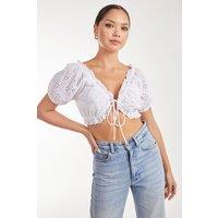 Pink Vanilla Women's Broderie Puff Sleeve Tie Top in Ivory | Size: Medium