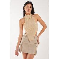Pink Vanilla Women's High Neck Chunky Knit Halter Top in Stone | Size: Medium