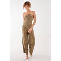 Pink Vanilla Women's Linen Straight High Waist Trousers in Khaki | Size: 6
