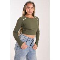 Pink Vanilla Women's Heart Embellishment Rib Knit Top in Khaki | Size: Medium/Large