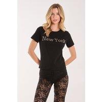 Pink Vanilla Women's New York Diamante T- Shirt in Black | Size: S/M