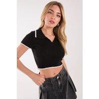 Pink Vanilla Women's Knit Collared Contrast Top in Black | Size: Medium/Large