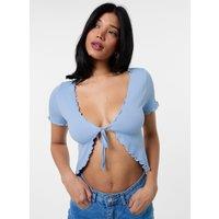 Pink Vanilla Women's Lettuce Hem Tie Front Top in Blue | Size: S/M