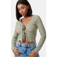 Pink Vanilla Women's Tie Front Cutwork Cardigan in Khaki | Size: Medium