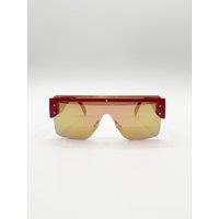 SVNX Women's Oversized Flat Top Sunglasses with Mirrored Lens in Red