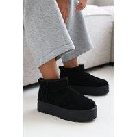 Where's That From Women's 'Suri' Mini Faux-Suede Fur Lined Platform Ankle Slipper Boots in Black | Size: 8