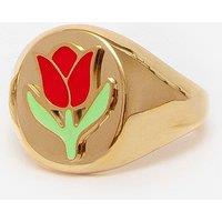 MUCHV Women's Gold Big Signet Ring With Red Rose Flower | Size: Q