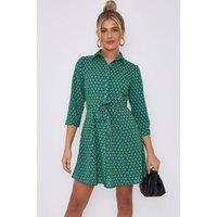 Love Sunshine Women's Green Geo Print Belted Mini Shirt Dress | Size: 16
