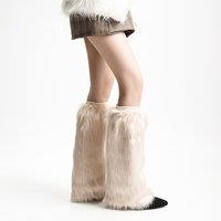 PEACH ACCESSORIES Women's Sleek Plain Faux Fur Plain Faux Leg Warmers in Beige