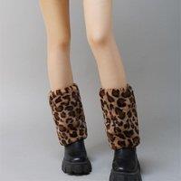 PEACH ACCESSORIES Women's Leopard Print Sleek Short Plain Fur Faux Leg Warmers in Brown