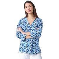 Roman Women's Geometric Pleated Button Detail V-Neck Top in Blue | Size: 10