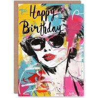 Artery8 Women's Birthday Card Lipstick Sunglasses Fashion Portrait For Her Gran Sister Niece Daughter Wife Greeting Card