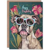 Artery8 Women's Birthday Card Boxer Dog Lover Sunglasses Floral Portrait For Her Gran Sister Niece Daughter Wife Greeting Card in Green