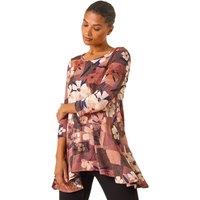 Roman Women's Floral Print Hanky Hem Stretch Top in Brown | Size: 20
