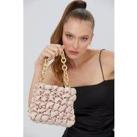 Belissh Women's Quilted Satin Chunky Chain Handbag in Beige