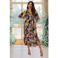 FS Collection Women's Floral Print Wrap Top Kimono Sleeve Maxi Dress In Navy | Size: Small