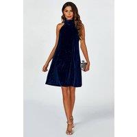 FS Collection Women's Silver Foil Velvet Halter Neck Tie Back Mini Dress In Navy | Size: Large