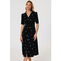 FS Collection Women's Blue Floral Print Button Front Midi Dress In Black | Size: XS