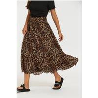 FS Collection Women's Gold Foil Leopard Print Midi Skirt In Brown | Size: Large