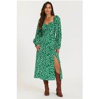 FS Collection Women's Brushstroke Print Long Sleeve Heart Neckline Midi Dress In Green | Size: Large