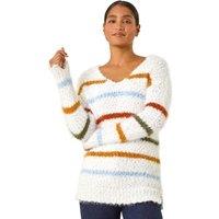 Roman Women's Stripe Fluffy Knit Jumper in Ivory | Size: 12