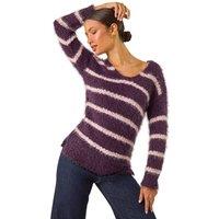 Roman Women's Stripe Fluffy Knit Jumper in Plum | Size: 12