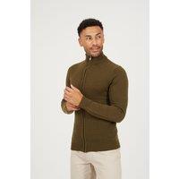 Brave Soul Men's Zip Through Funnel Neck Knit Cardigan in Khaki | Size: XL