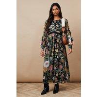 Oasis Women's Floral Chiffon Trim Insert Sleeve Midaxi Dress in Black | Size: 8